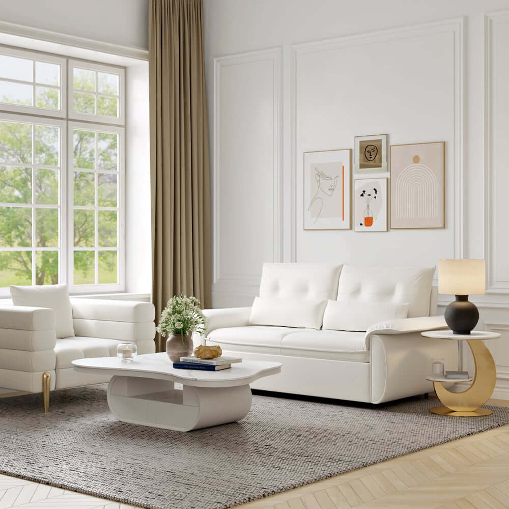 Modern White Sofa Bed With Pull Out And Flared Arms