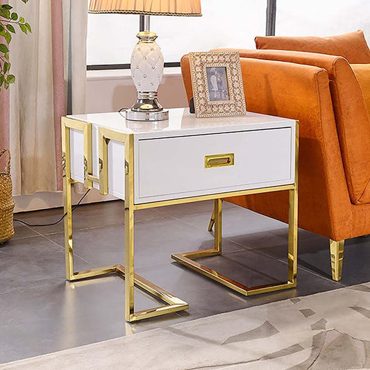 Modern White Square End Table With Gold Stainless Steel Base