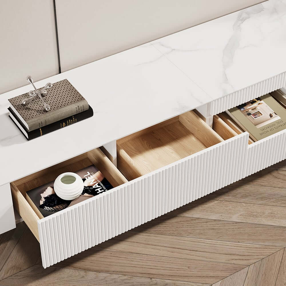 Modern White Stainless Steel TV Stand With 5 Drawers