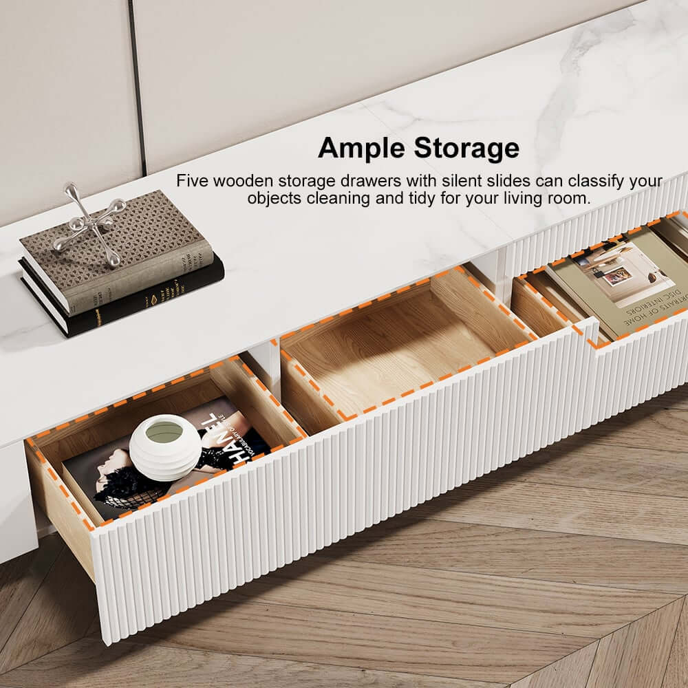 Modern White Stainless Steel TV Stand With 5 Drawers