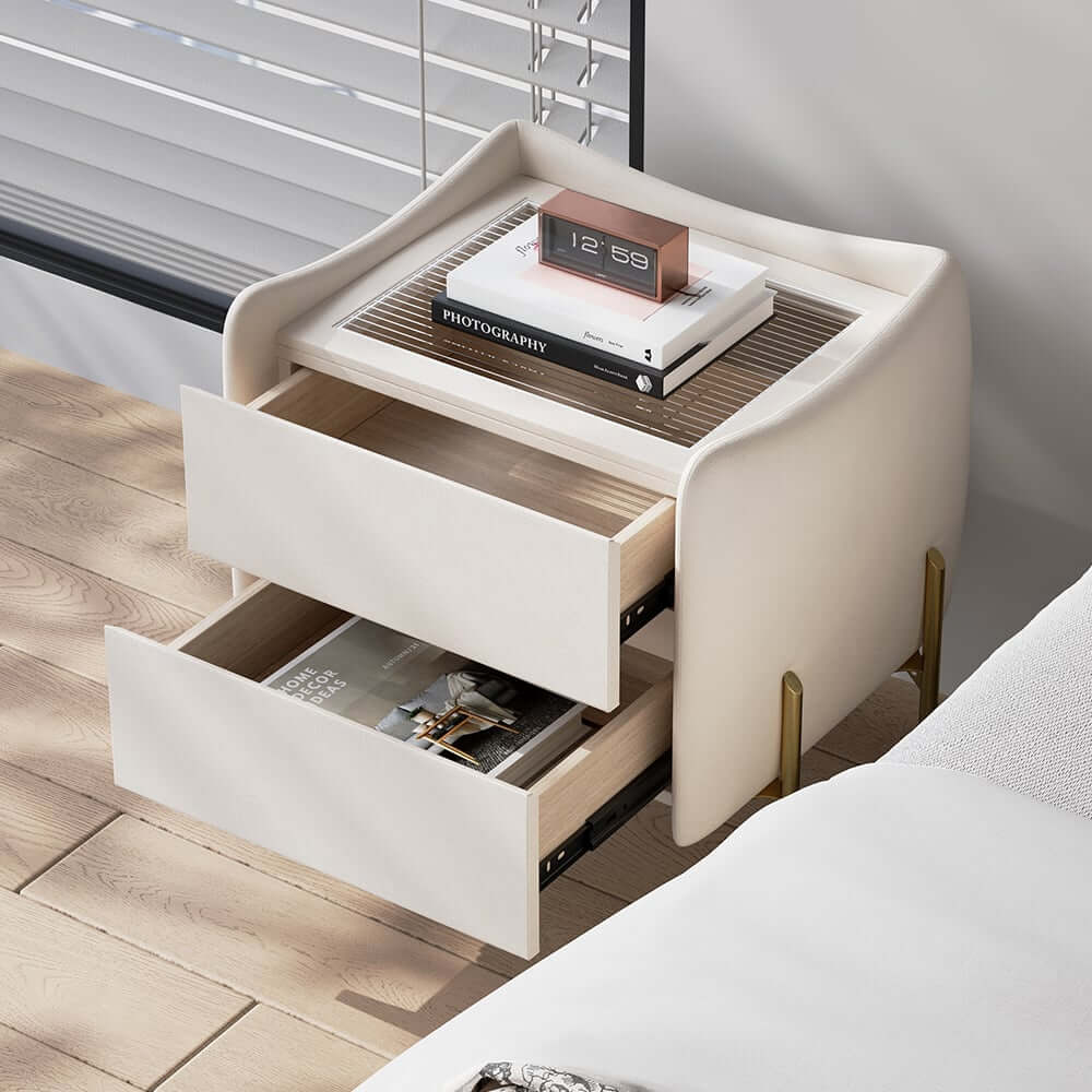 Modern White Tempered Glass Nightstand With Drawers