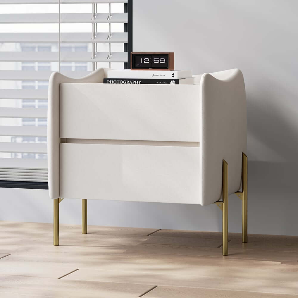 Modern White Tempered Glass Nightstand With Drawers