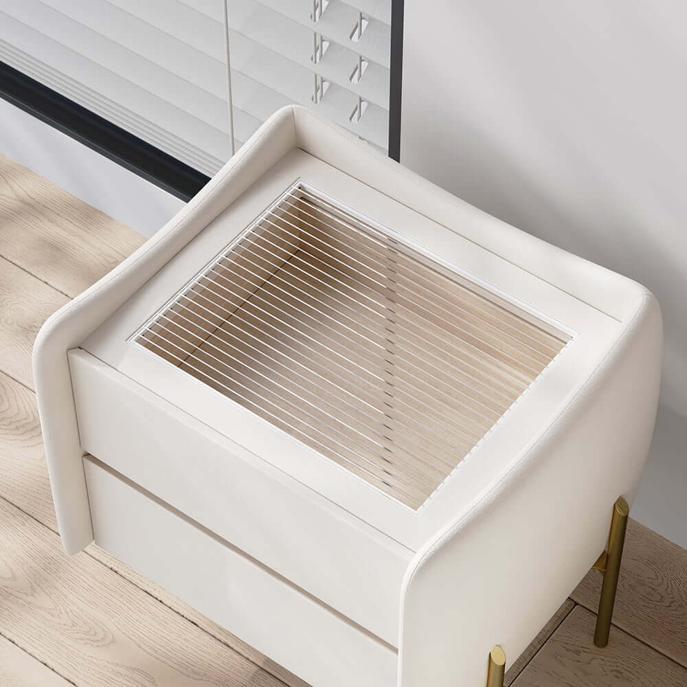 Modern White Tempered Glass Nightstand With Drawers