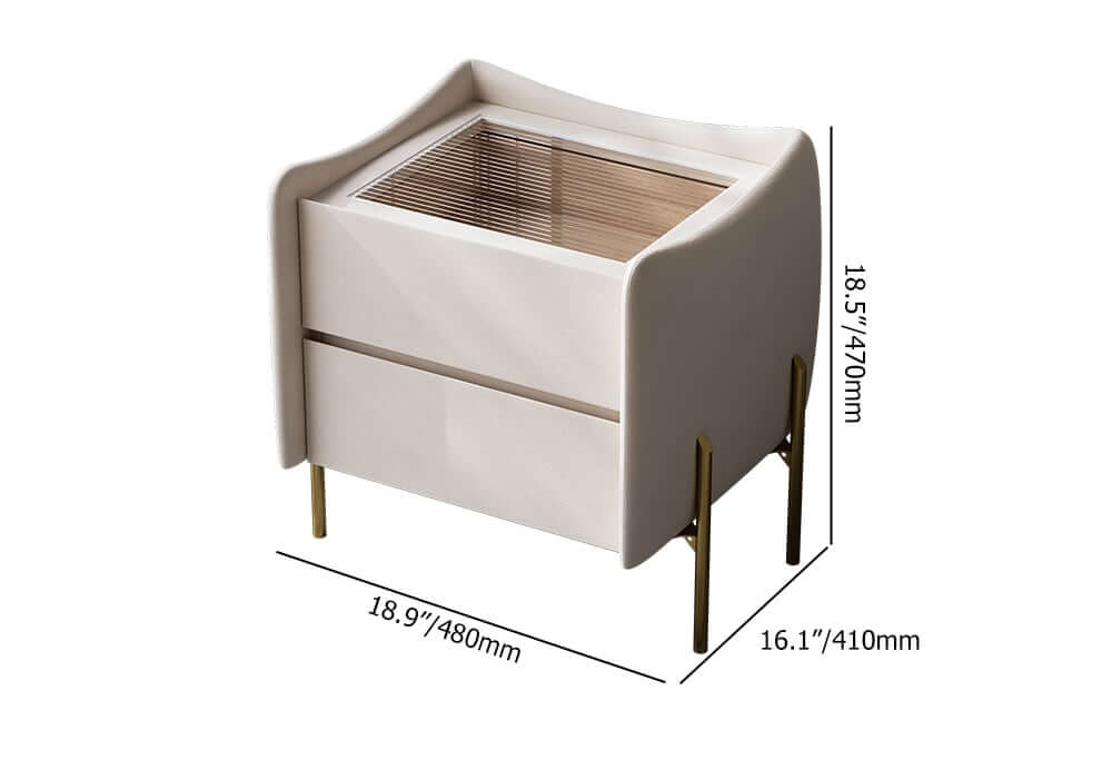 Modern White Tempered Glass Nightstand With Drawers Dimensions