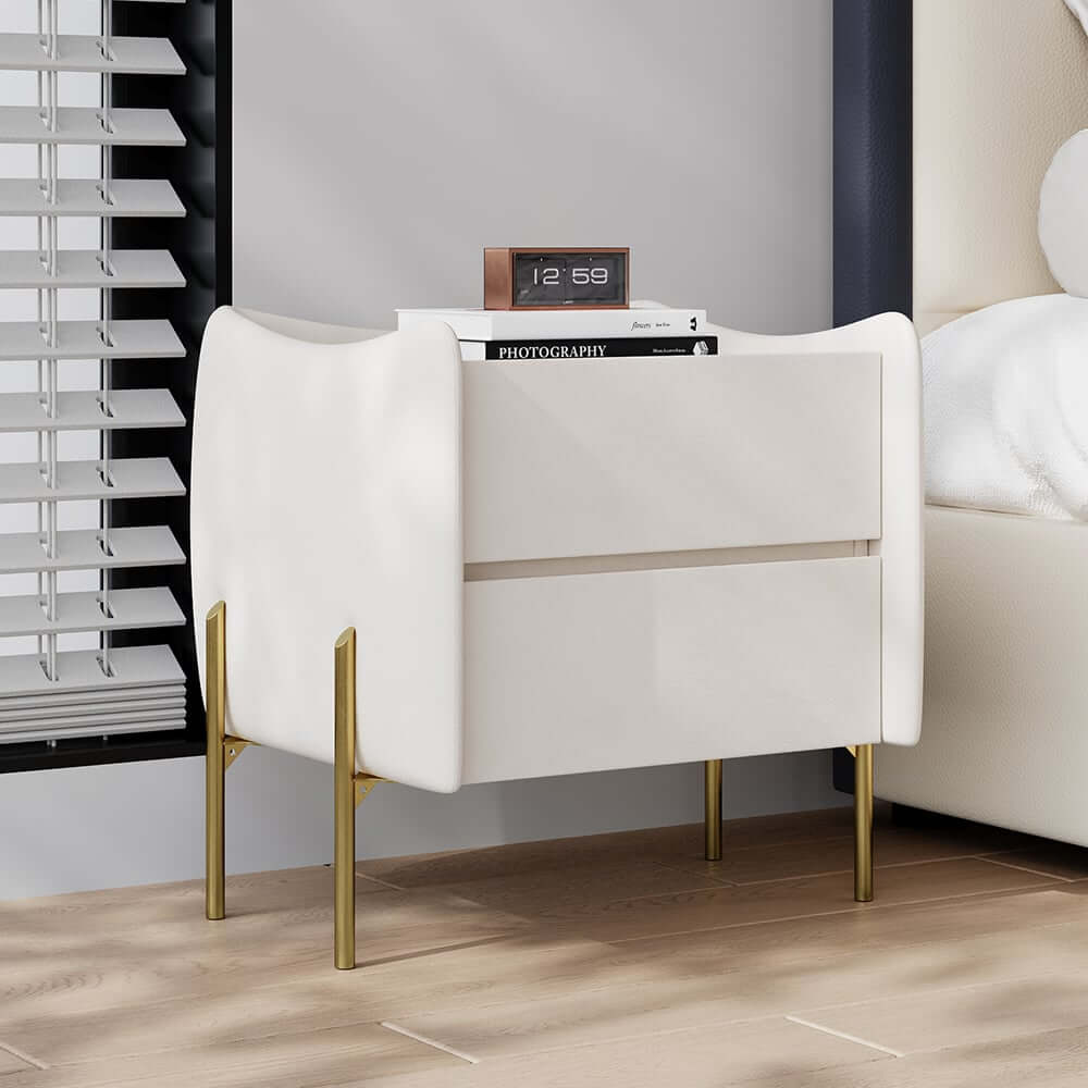 Modern White Tempered Glass Nightstand With Drawers Main Product Image