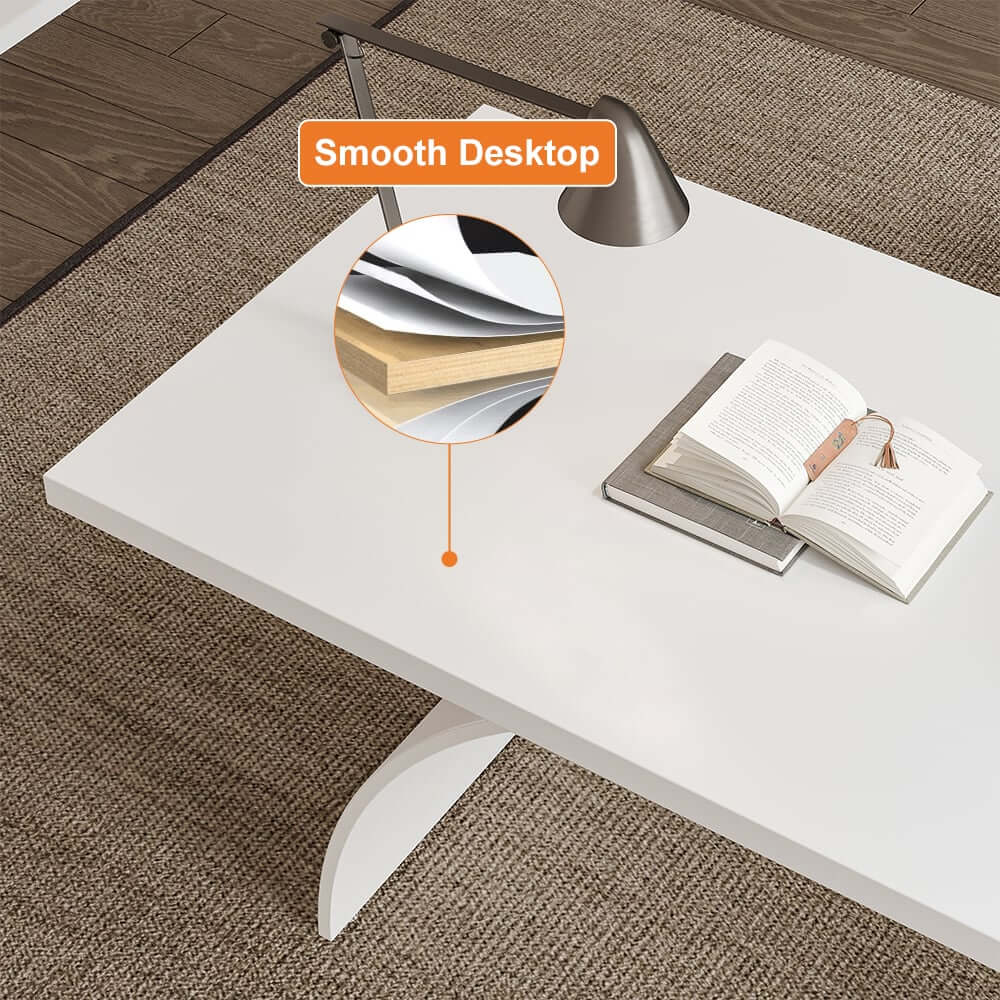 Modern White Trestle Desk with Solid Wood Top and Metal Base