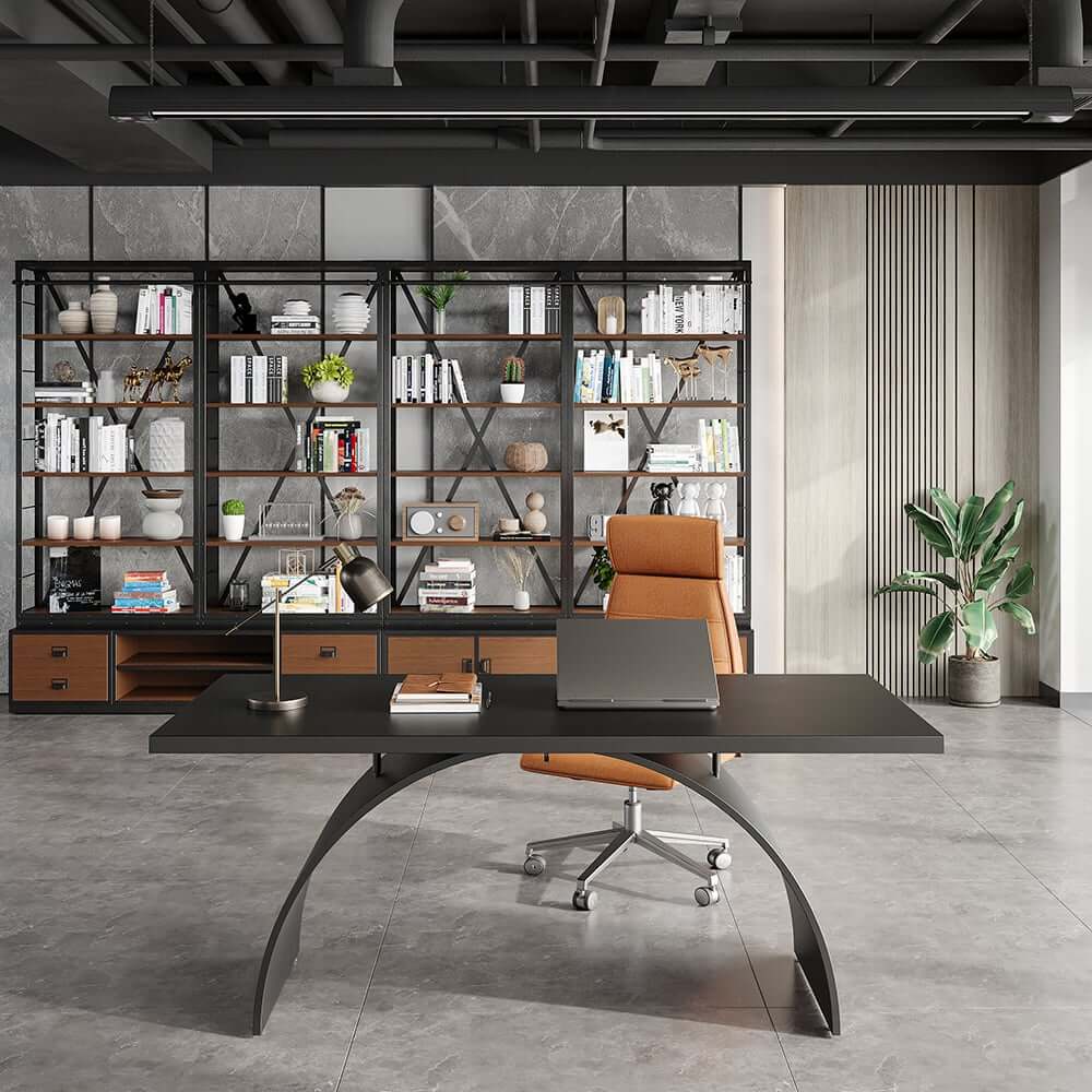 Modern White Trestle Desk with Solid Wood Top and Metal Base