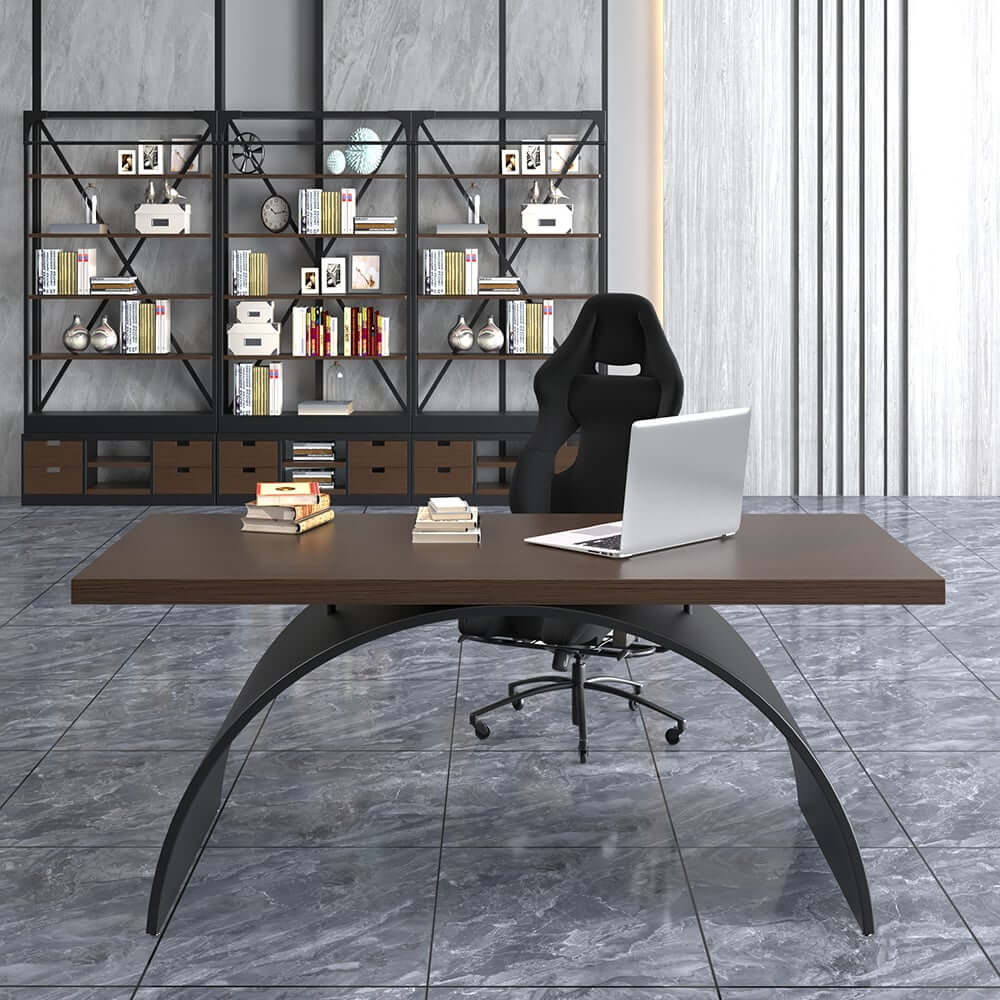 Modern White Trestle Desk with Solid Wood Top and Metal Base