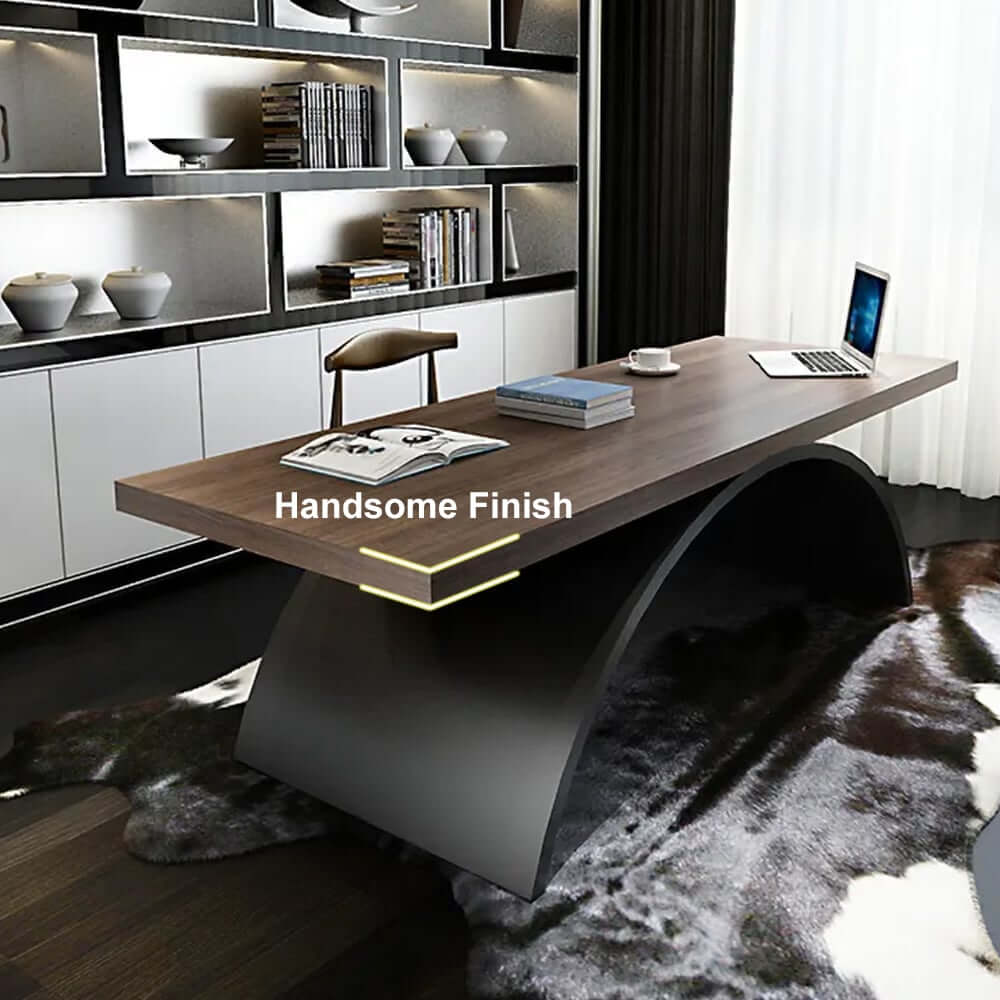 Modern White Trestle Desk with Solid Wood Top and Metal Base