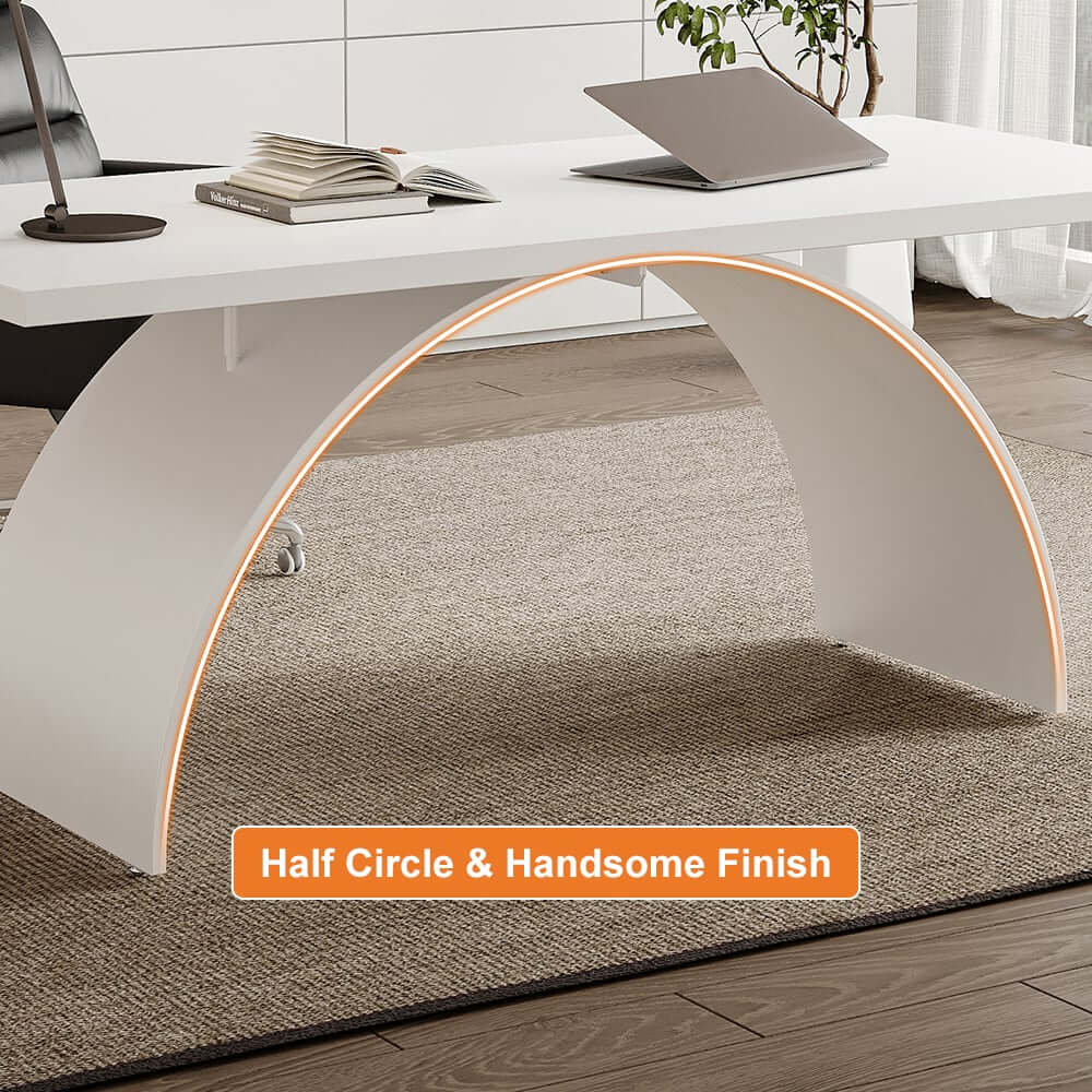 Modern White Trestle Desk with Solid Wood Top and Metal Base