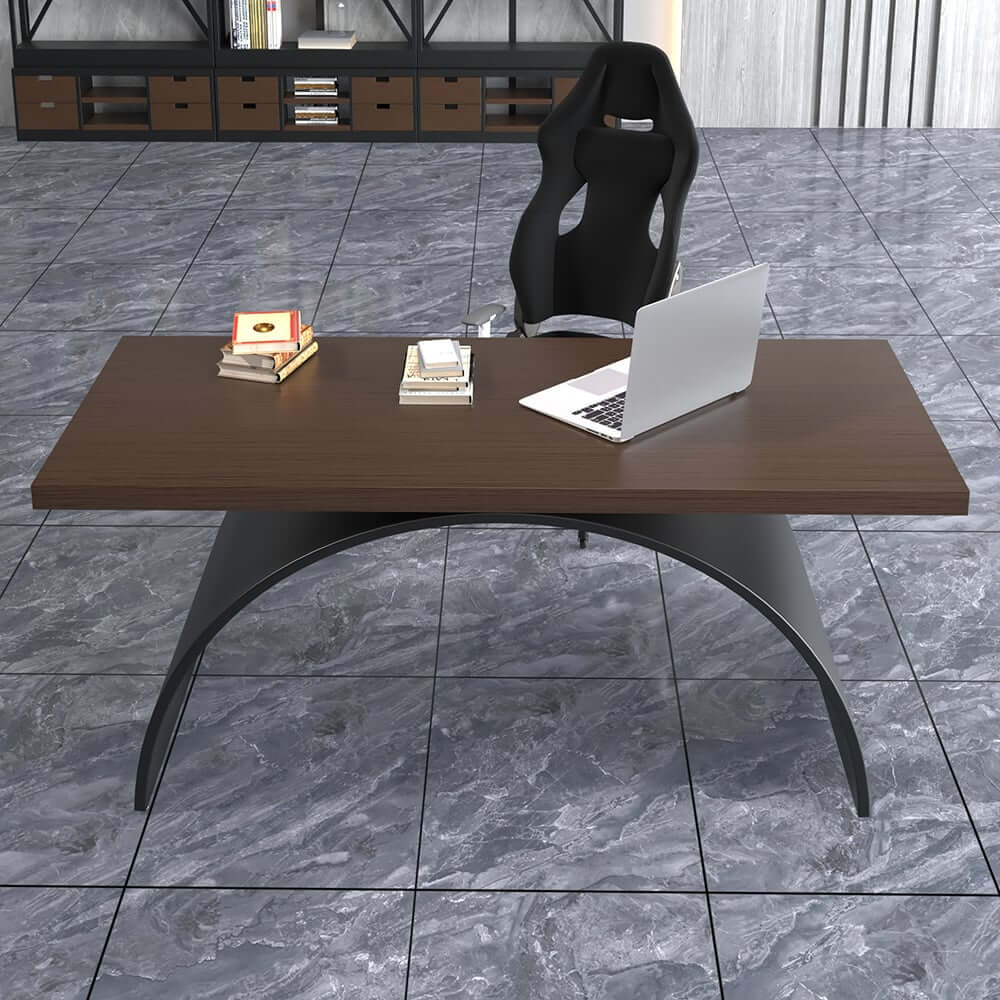 Modern White Trestle Desk with Solid Wood Top and Metal Base