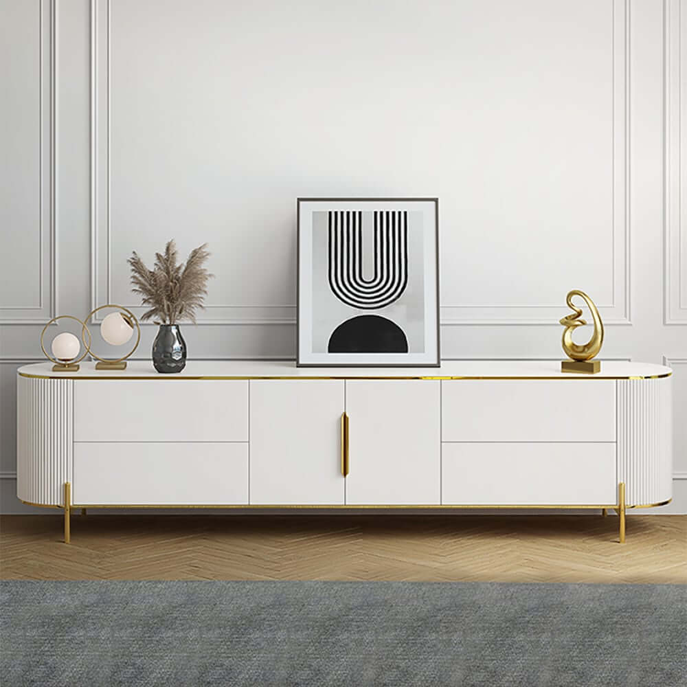 Modern White TV Stand With Gold Accents And Sintered Stone Top