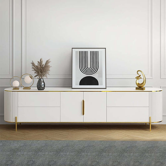 Modern White TV Stand With Gold Accents And Sintered Stone Top