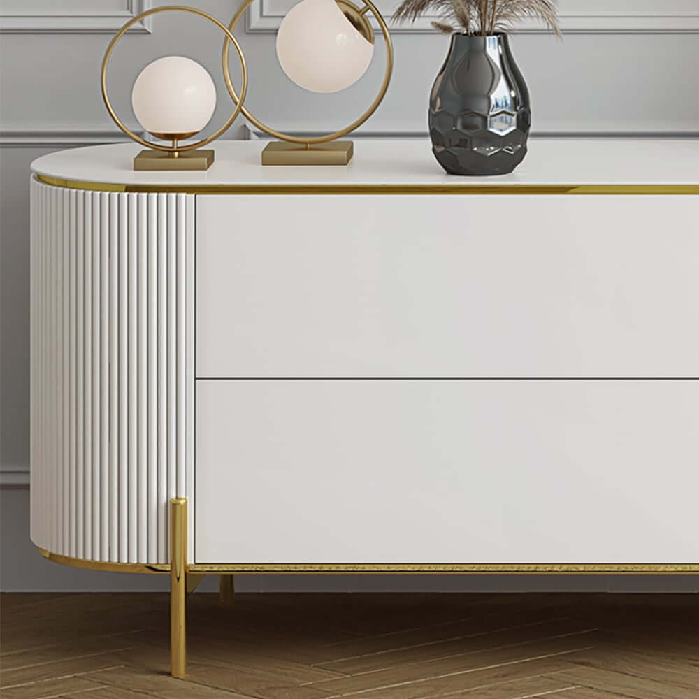 Modern White TV Stand With Gold Accents And Sintered Stone Top
