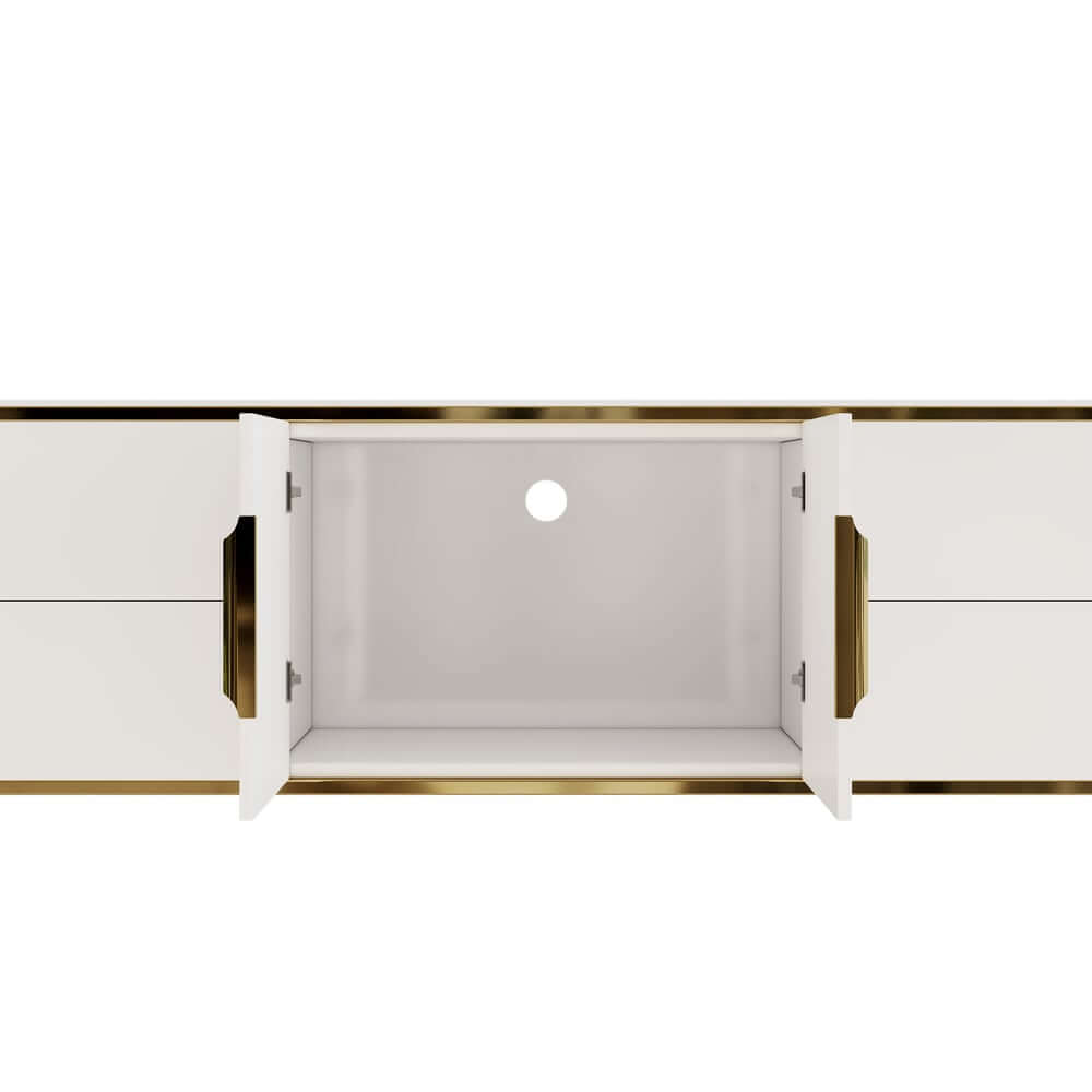 Modern White TV Stand With Gold Accents And Sintered Stone Top