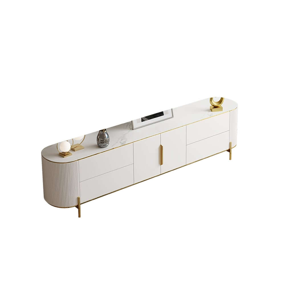 Modern White TV Stand With Gold Accents And Sintered Stone Top