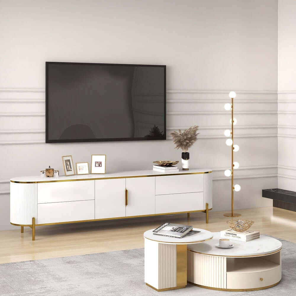 Modern White TV Stand With Gold Accents And Sintered Stone Top