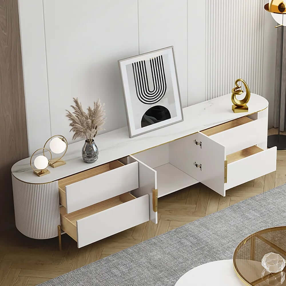 Modern White TV Stand With Gold Accents And Sintered Stone Top