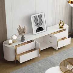 Modern White TV Stand With Gold Accents And Sintered Stone Top