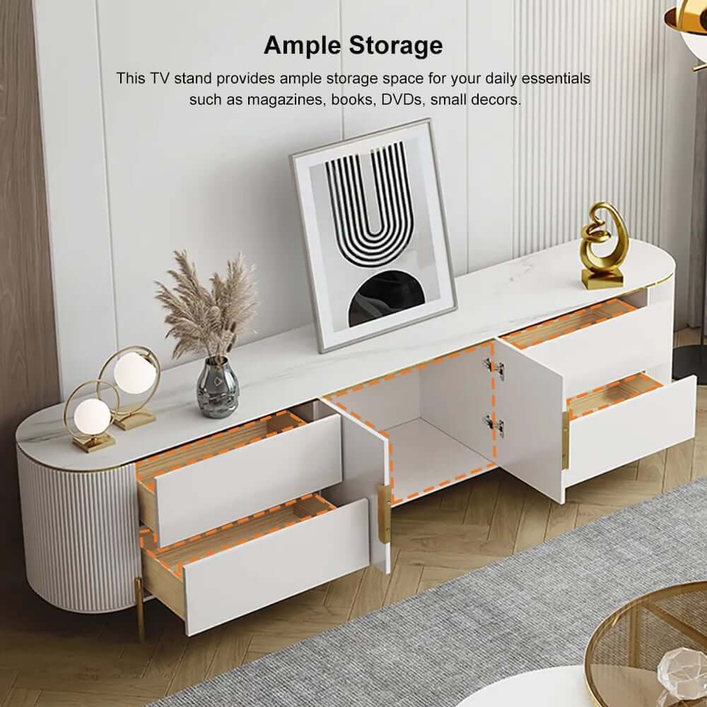 Modern White TV Stand With Gold Accents And Sintered Stone Top