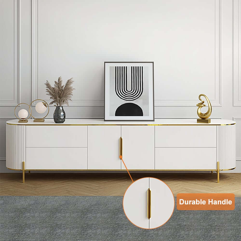 Modern White TV Stand With Gold Accents And Sintered Stone Top