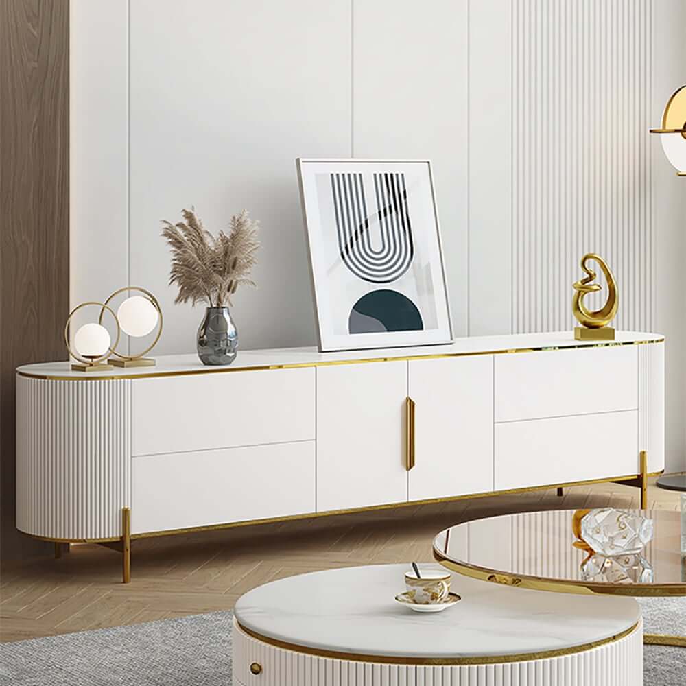 Modern White TV Stand With Gold Accents And Sintered Stone Top Main Product Image