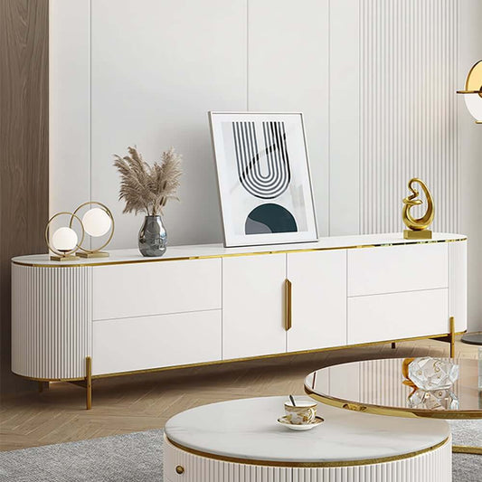 Modern White TV Stand With Gold Accents And Sintered Stone Top Main Product Image