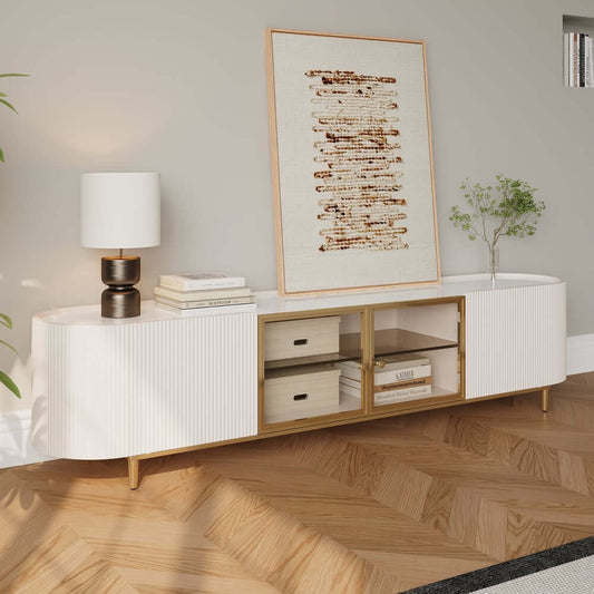 Modern White TV Stand With Sintered Stone Top & Glass Doors