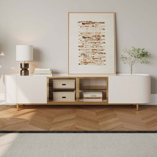 Modern White TV Stand With Sintered Stone Top & Glass Doors Main Product Image