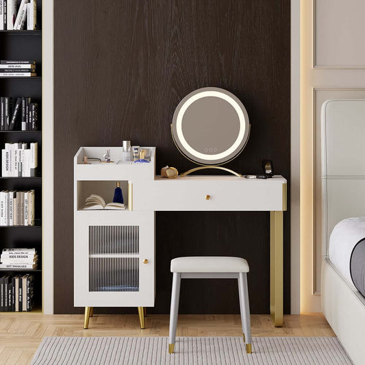 Modern White Vanity Set with Lighted Mirror and Storage Main Product Image