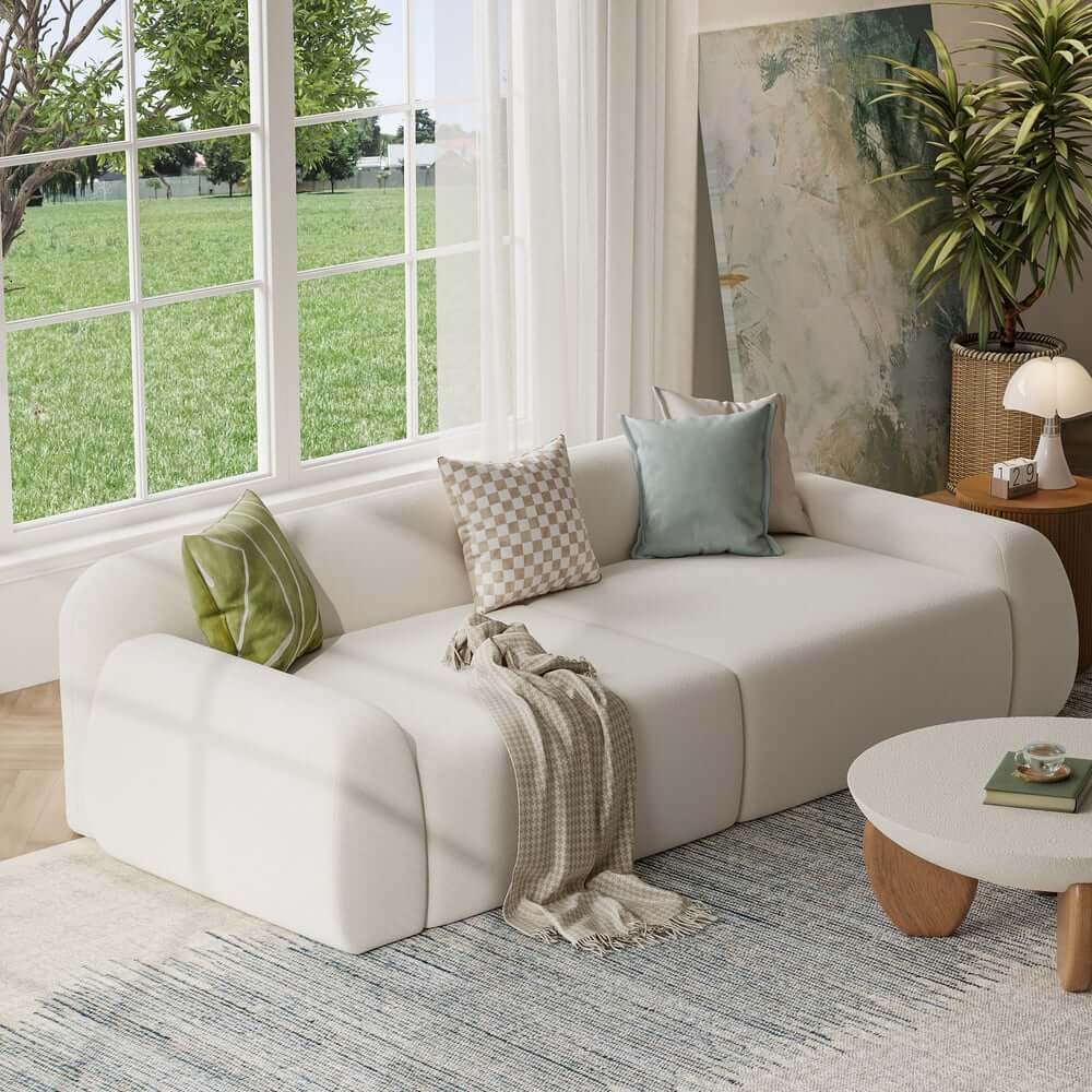 Modern White Velvet Sofa With Square Arms