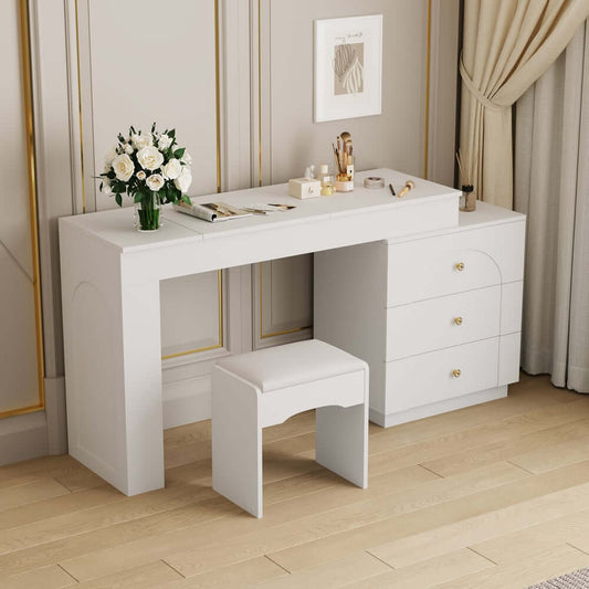Modern White Velvet Vanity Set with Lighted Mirror and Stool