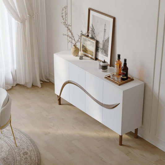 Modern White & Walnut Sideboard with Solid Wood Legs