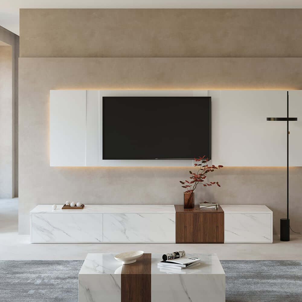 Modern White & Walnut TV Stand For 70-79 Inch TVs