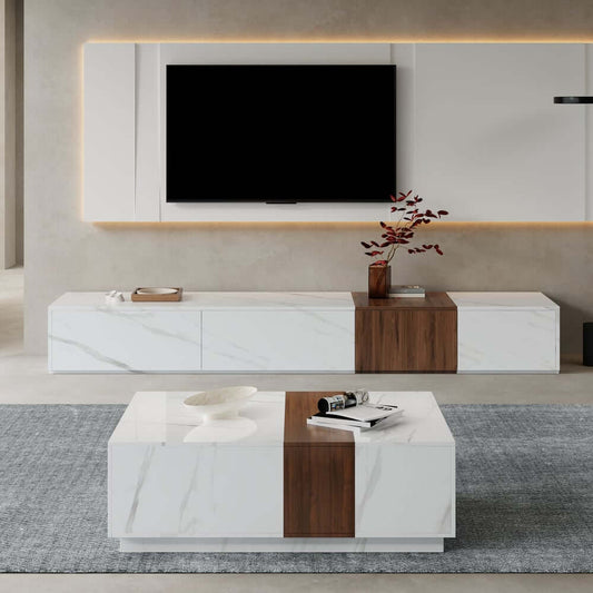 Modern White & Walnut TV Stand With 4 Drawers, MDF