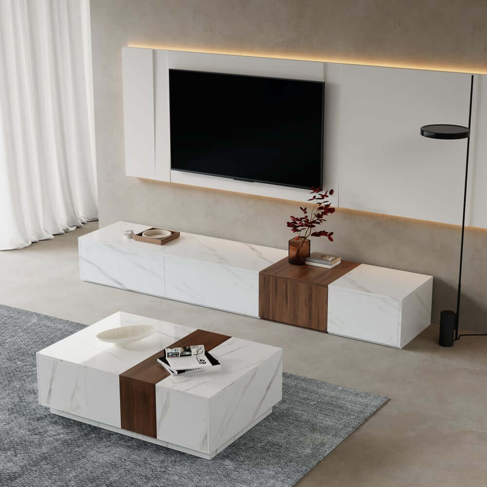 Modern White & Walnut TV Stand With 4 Drawers, MDF Main Product Image