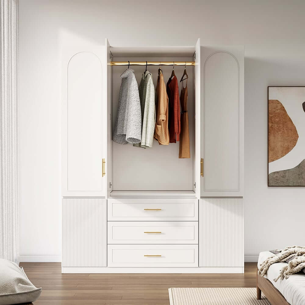 Modern White Wardrobe with 6 Doors and 3 Drawers for Ample Storage