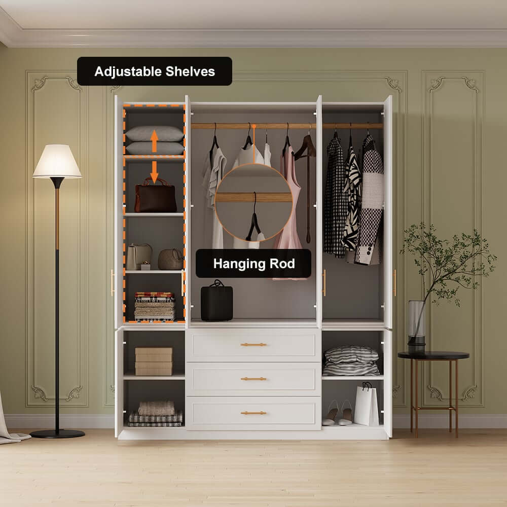 Modern White Wardrobe with 6 Doors and 3 Drawers for Ample Storage