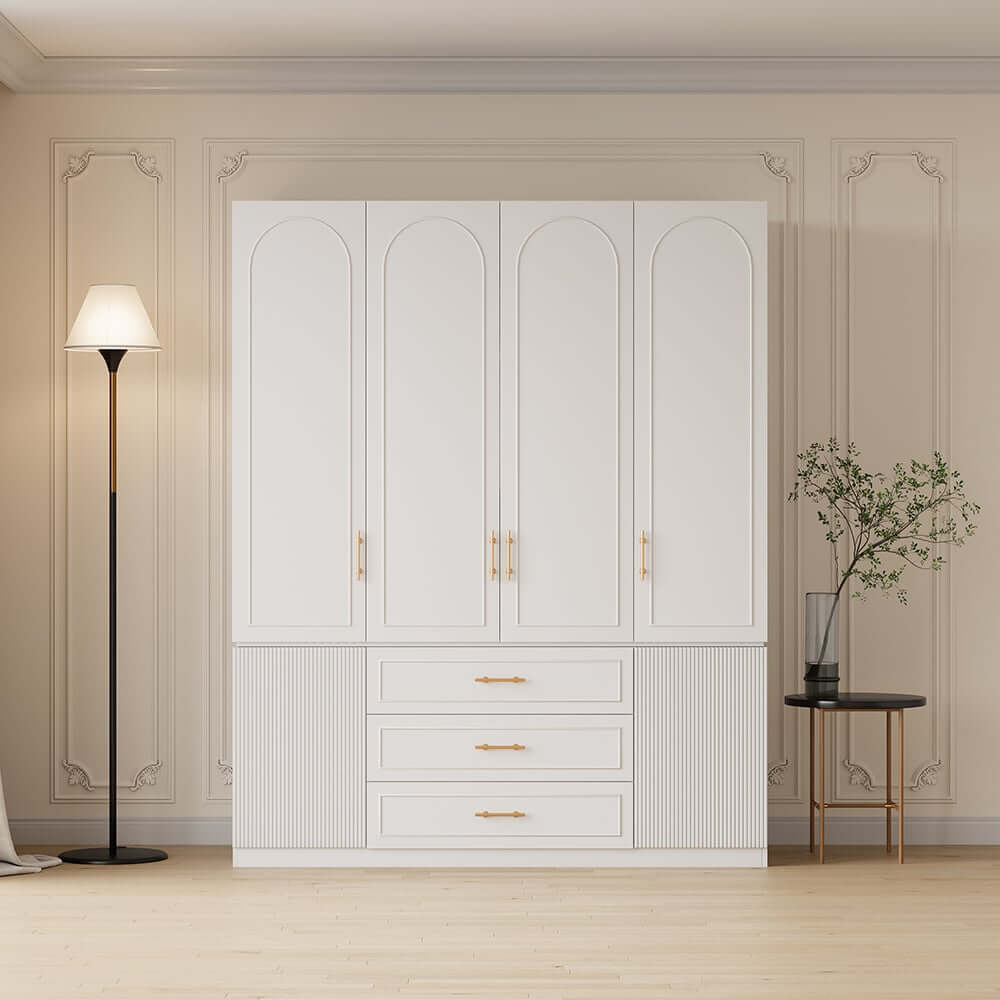 Modern White Wardrobe with 6 Doors and 3 Drawers for Ample Storage