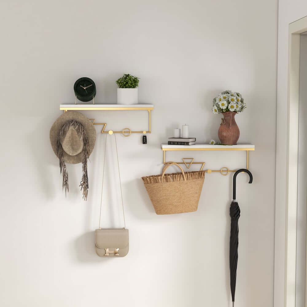 Modern White Wood Wall Shelf with Decorative Hooks