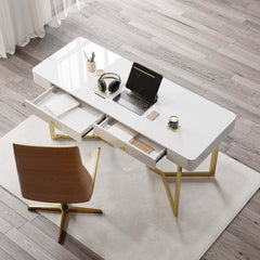 Modern White Writing Desk with Gold Stainless Steel Base