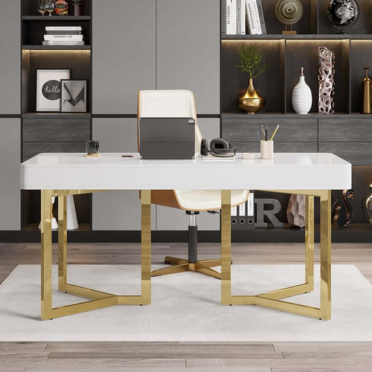 Modern White Writing Desk with Gold Stainless Steel Base