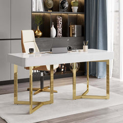 Modern White Writing Desk with Gold Stainless Steel Base