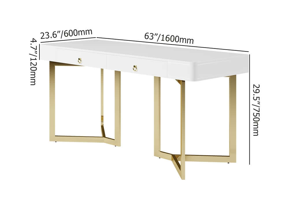 Modern White Writing Desk with Gold Stainless Steel Base Dimensions