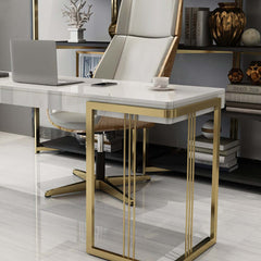 Modern White Writing Desk with Gold Trestle Base and Drawer