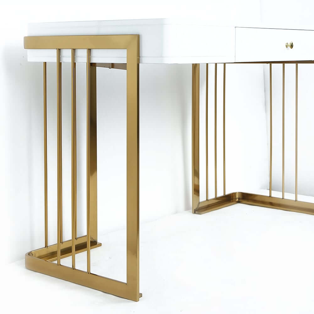 Modern White Writing Desk with Gold Trestle Base and Drawer