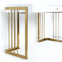 Modern White Writing Desk with Gold Trestle Base and Drawer