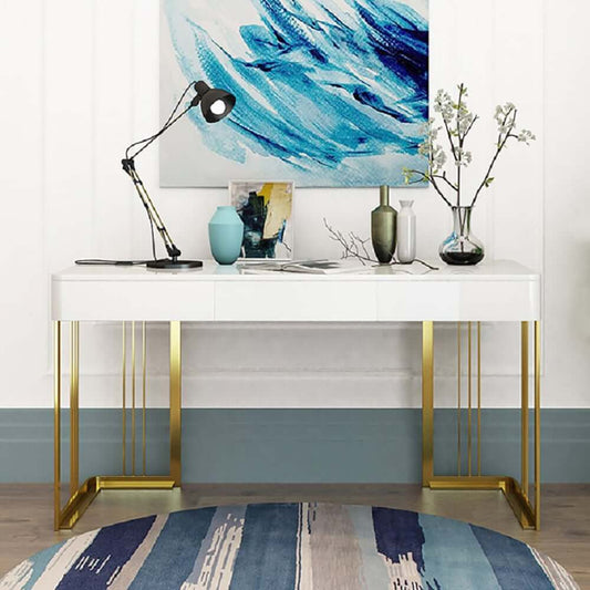 Modern White Writing Desk with Gold Trestle Base and Drawer
