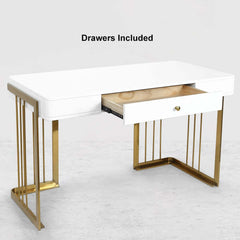 Modern White Writing Desk with Gold Trestle Base and Drawer