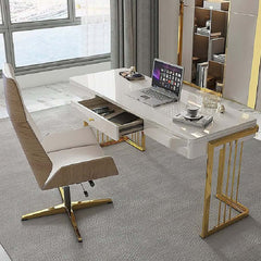 Modern White Writing Desk with Gold Trestle Base and Drawer